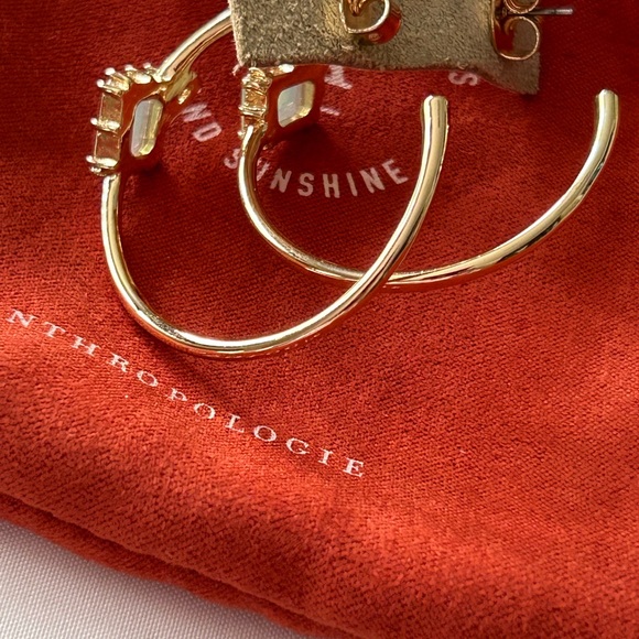 Anthropologie Mint Green Stone Gold Hoop Earrings Pale Green Stones - Picture 5 of 8